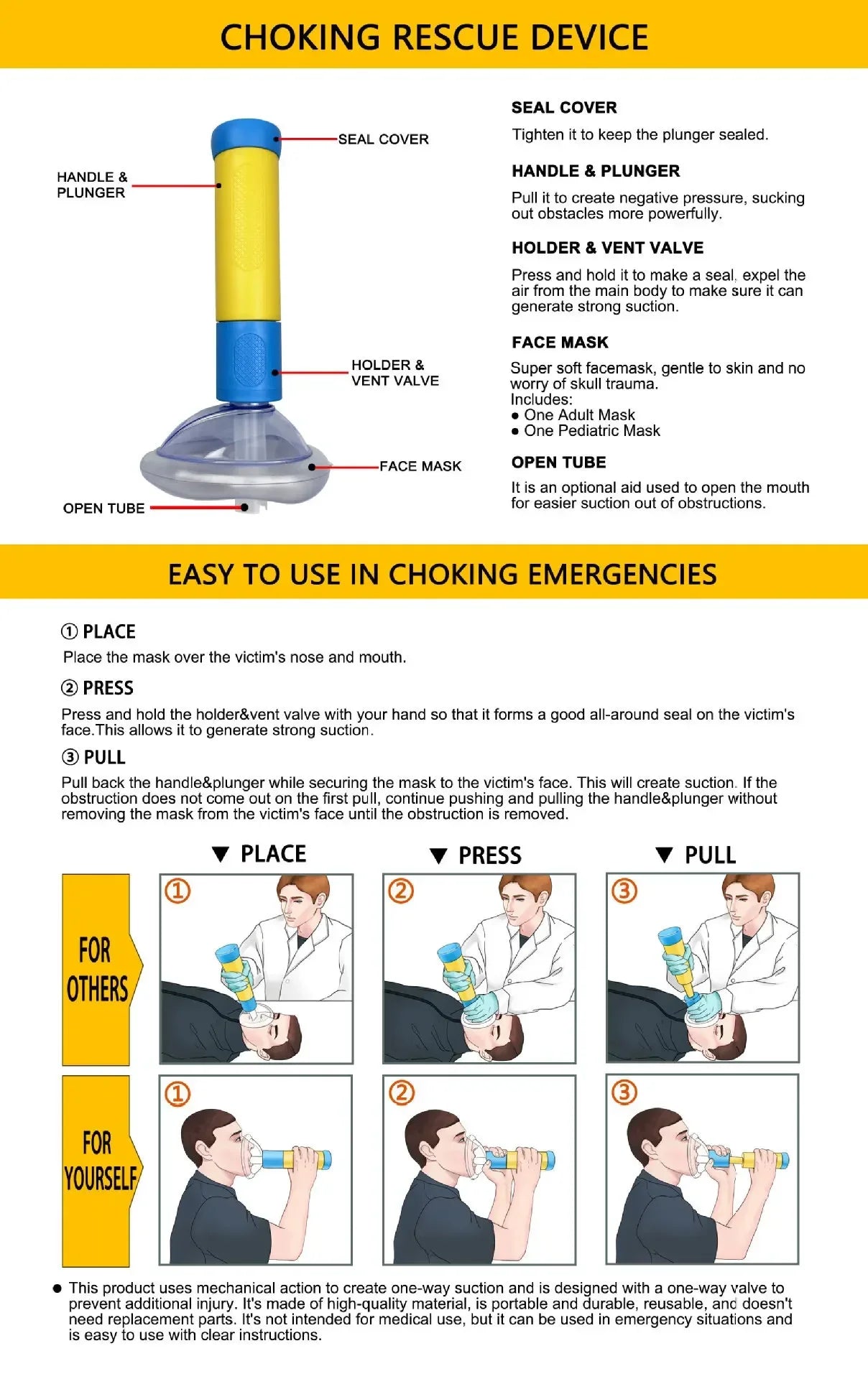 First Aid Portable Emergency Suction Vac for Kids/Adults Life Saving Anti Choke Device Kit